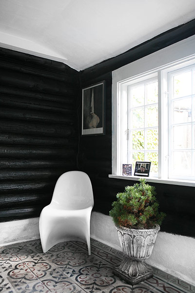 white chair with plant aginst dark walls