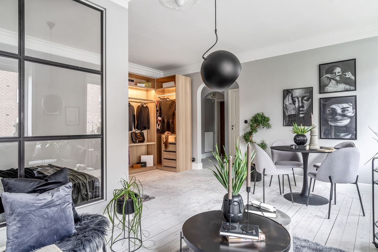 salon grand studio avec alcôve