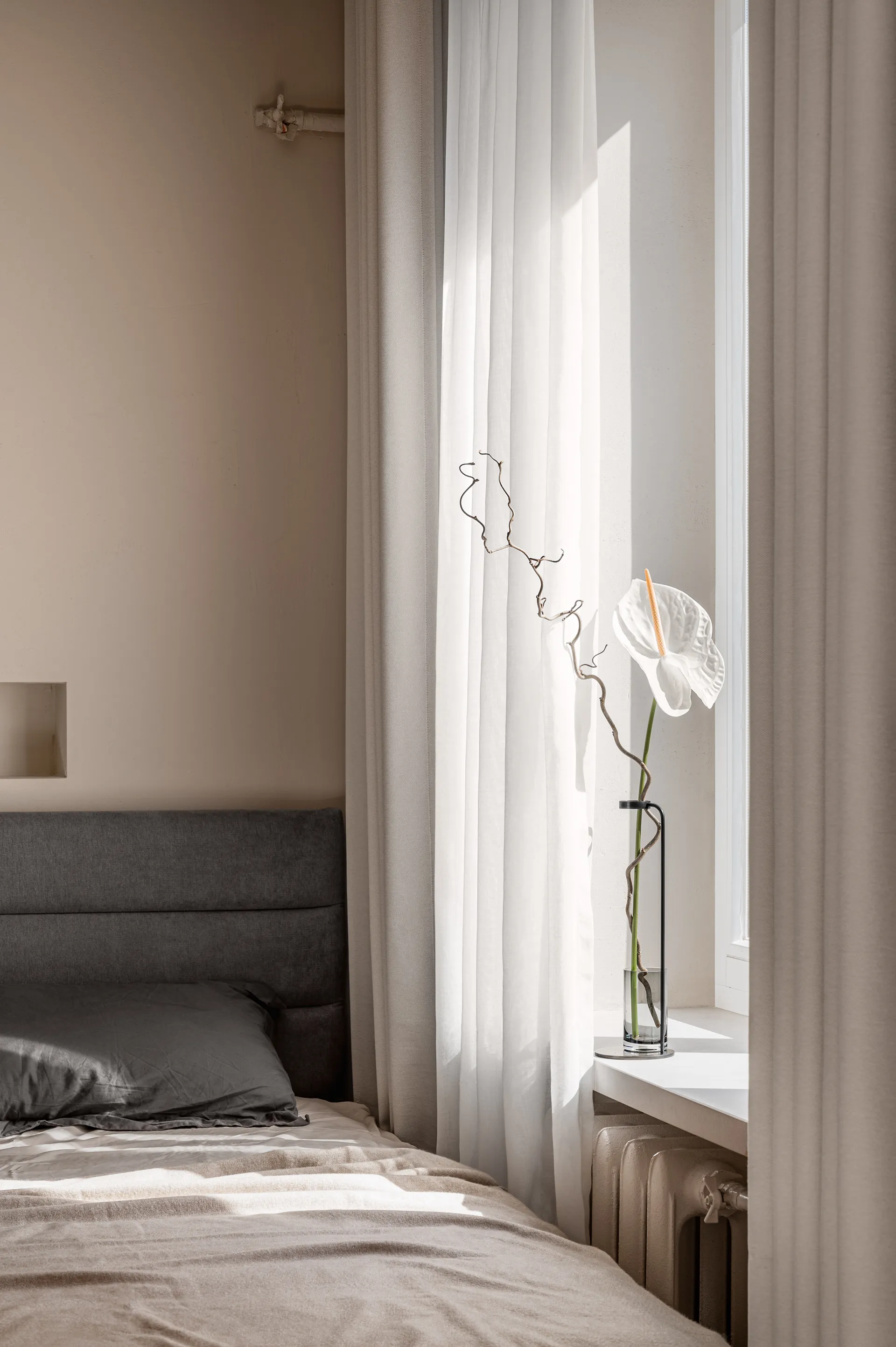 chambre tête de lit tissu gris