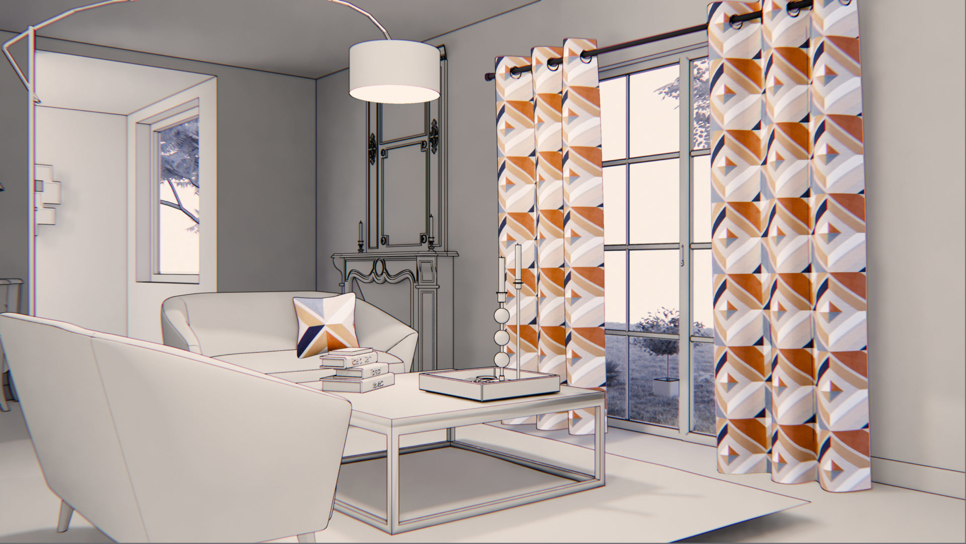 exemple décoration salon en gris et orange