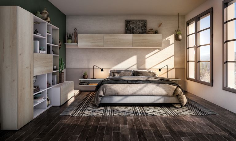 chambre principale bois et mur vert