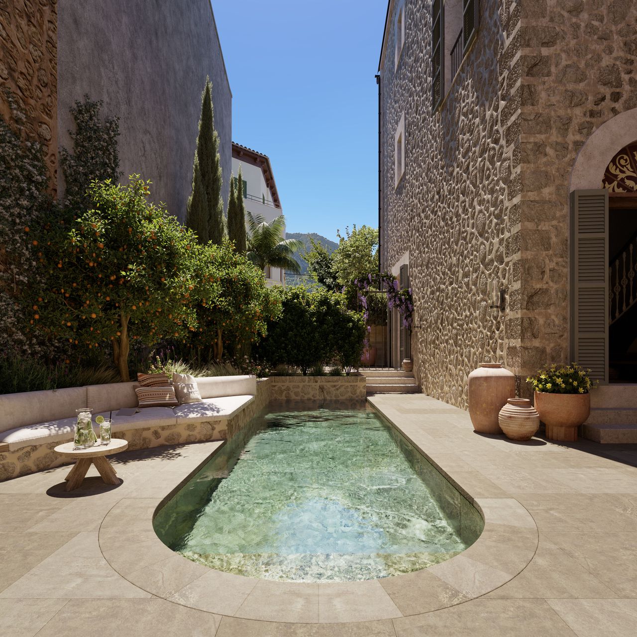 jardin avec piscine maison en pierres centenaire Mon Cor Berrow Projects
