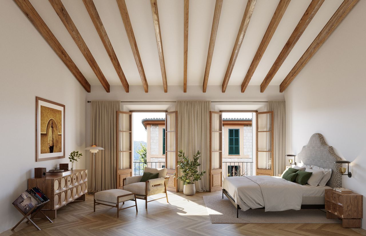 chambre avec poutres maison en pierres centenaire Mon Cor Berrow Projects