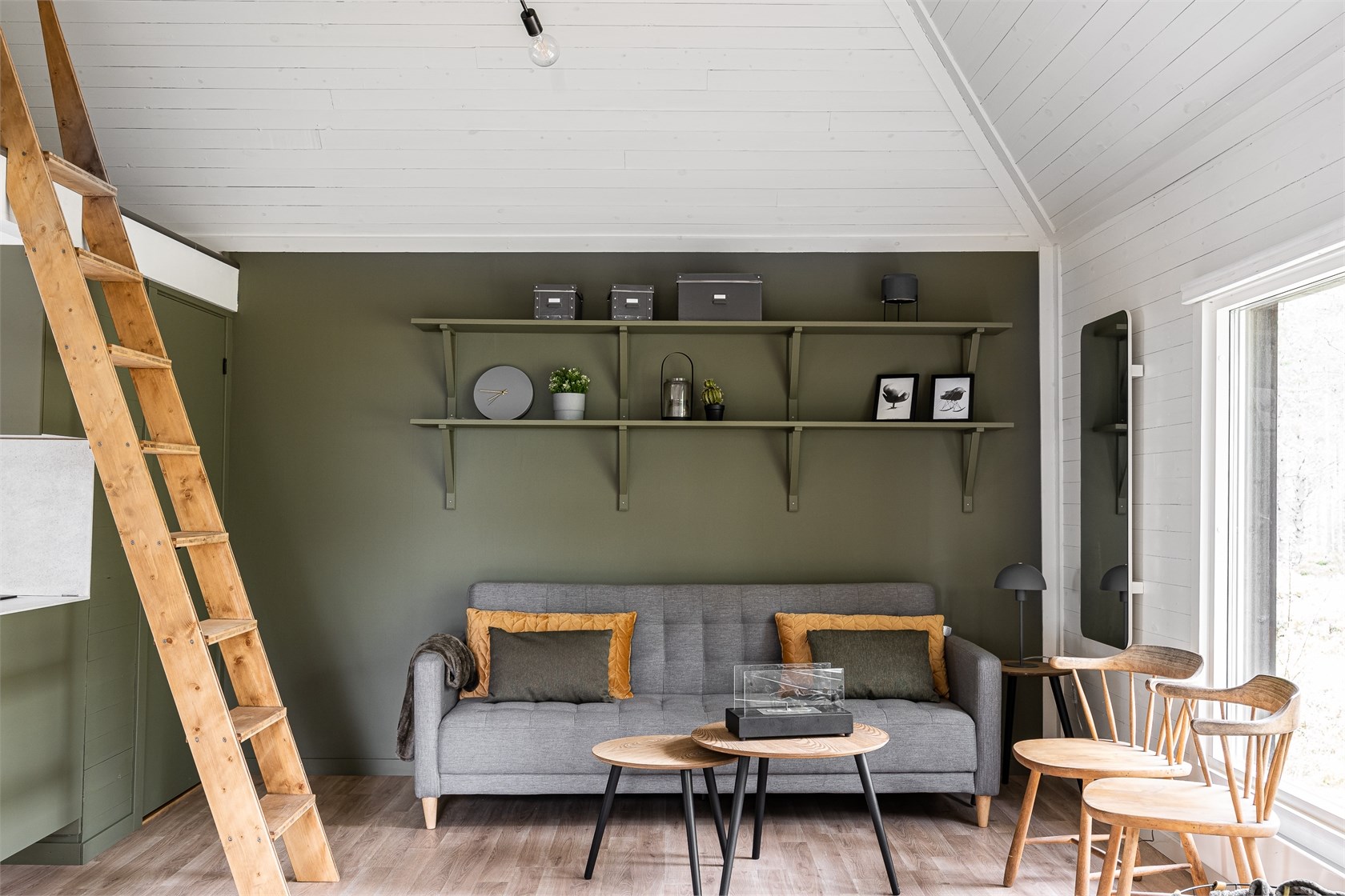 salon décoration vert olive mini maison 45m2