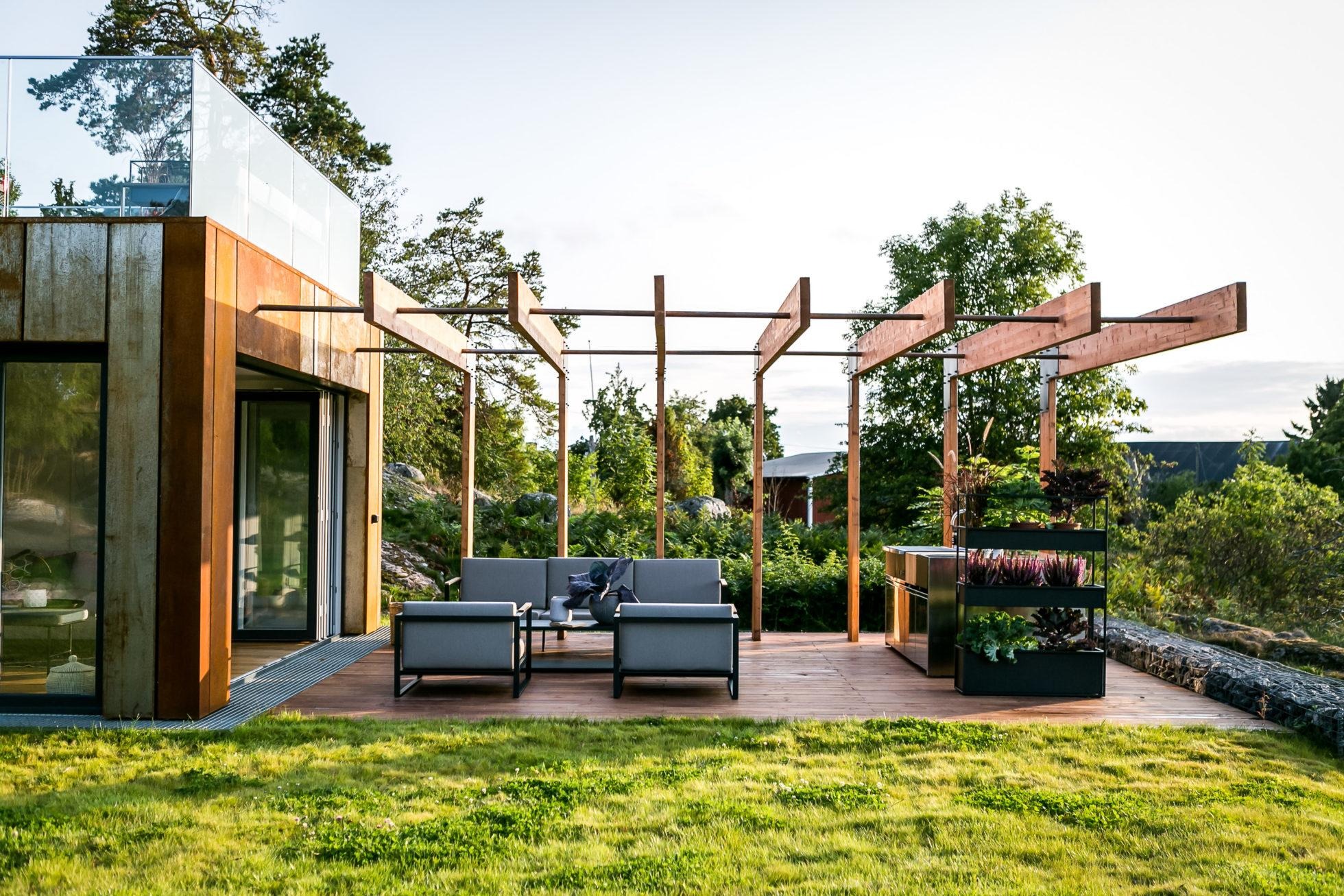 terrasse maison container avec pergola bois