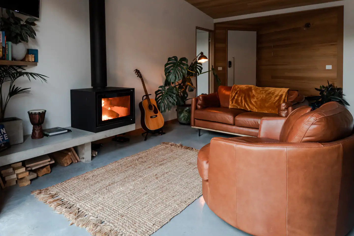 salon avec poêle à bois