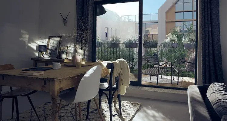 salon sur balcon aménagé en style industriel