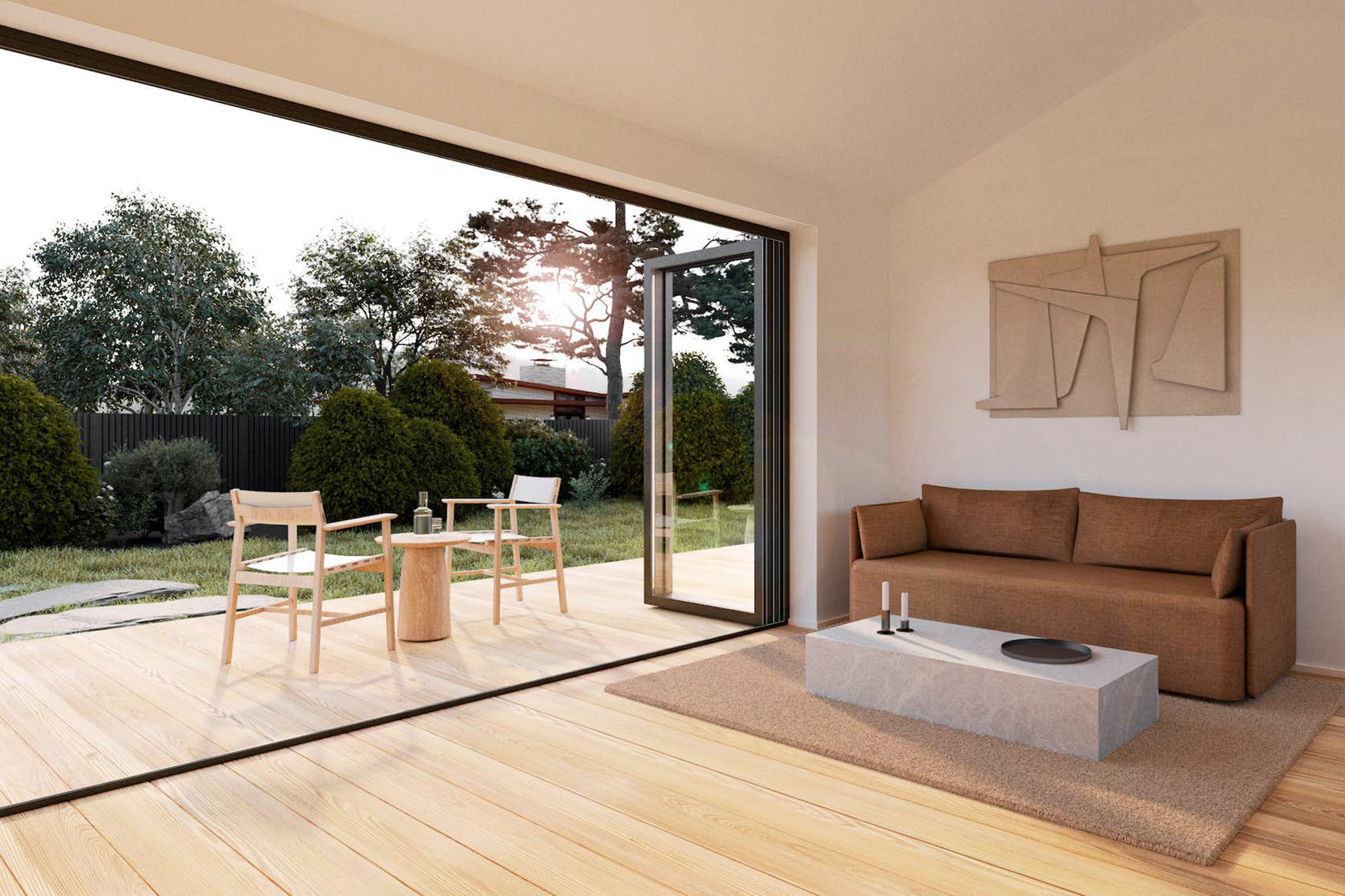 salon baie vitrée maison préfabriquée 50m2 Dwell