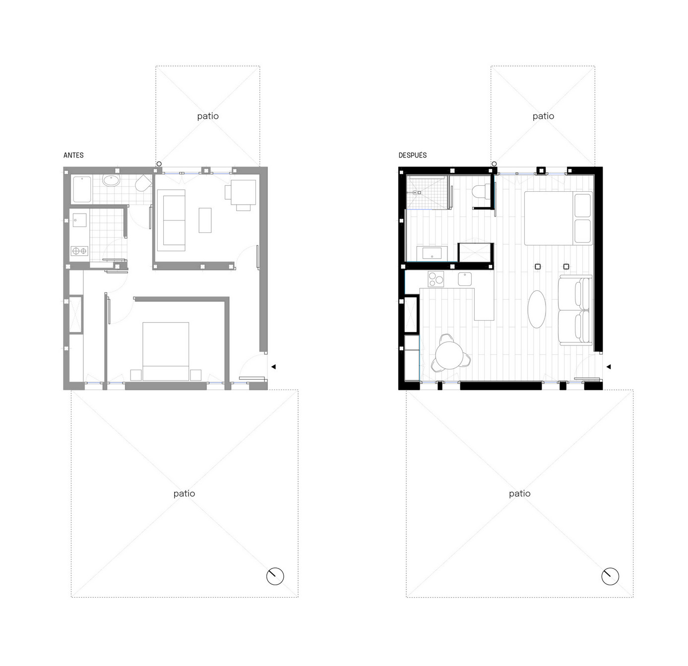 plan avant/après mini loft 45m2 