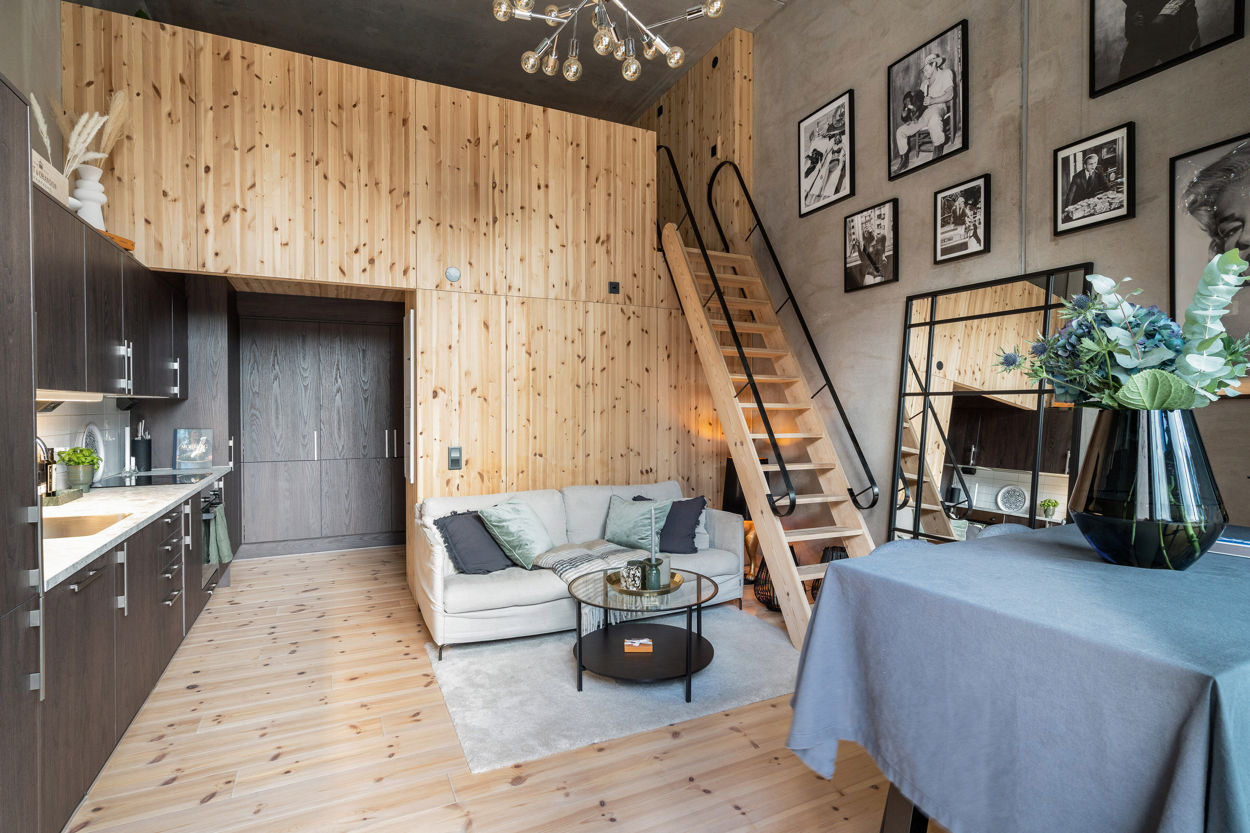 salon et cuisine mini loft 40m2 avec mezzanine
