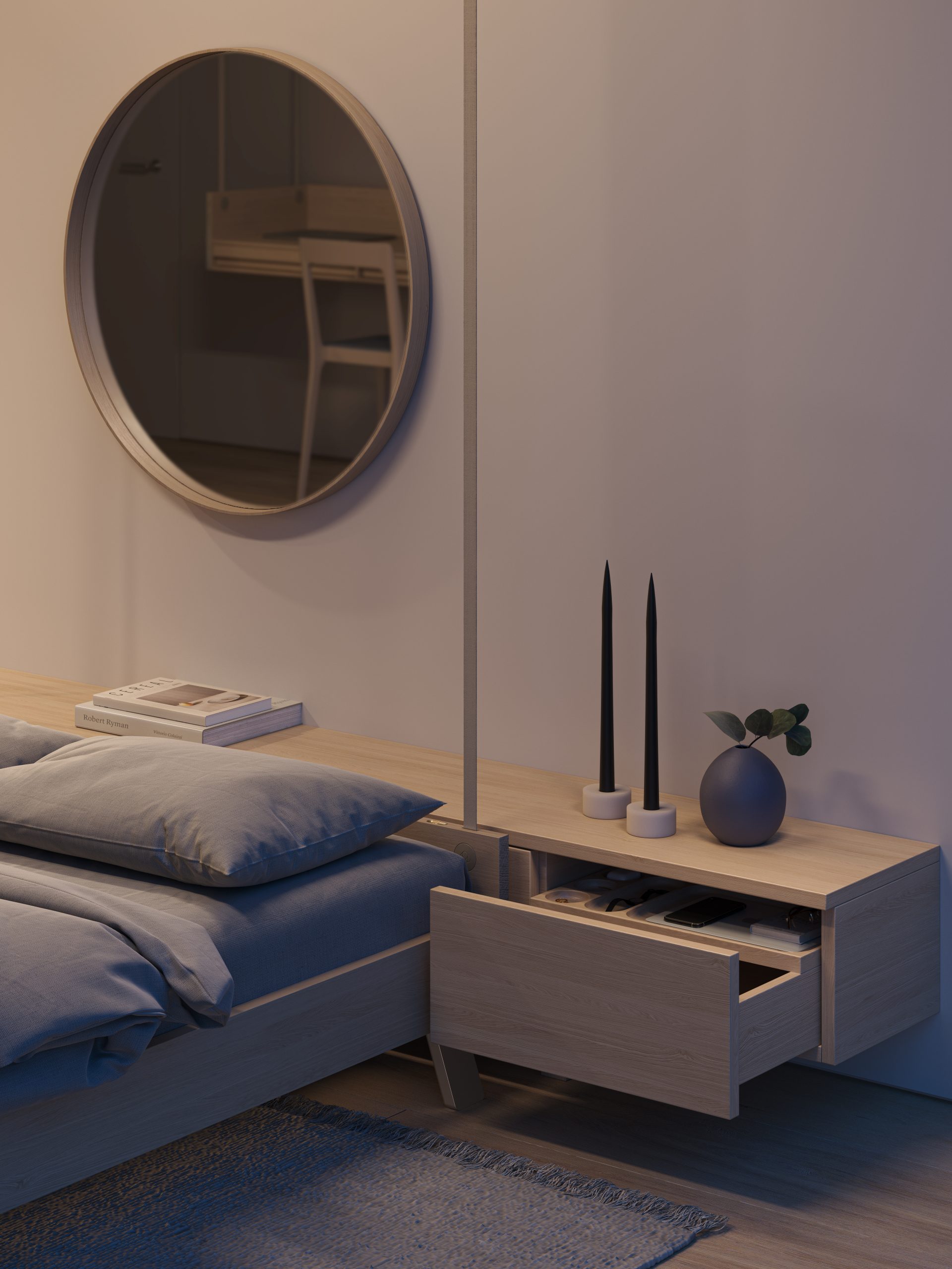 chambre avec tête de lit bois