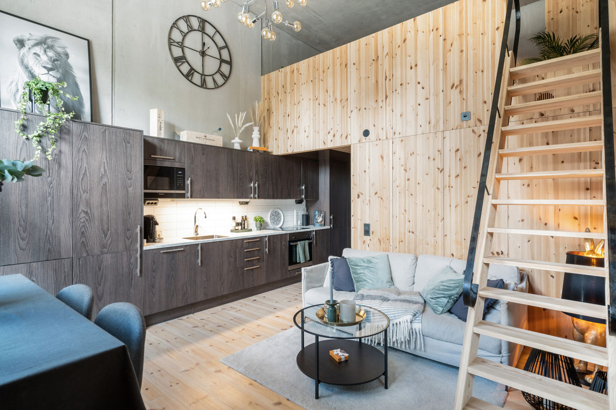 salon et cuisine mini loft 40m2 avec mezzanine
