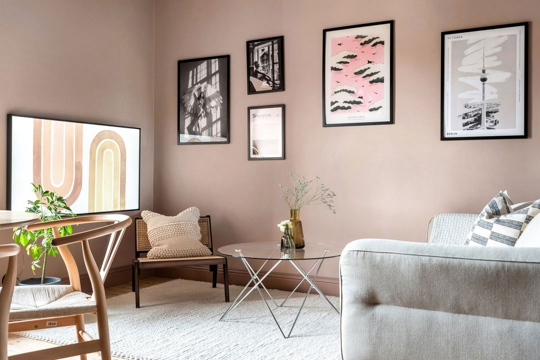 salon décoration scandinave pastel rose