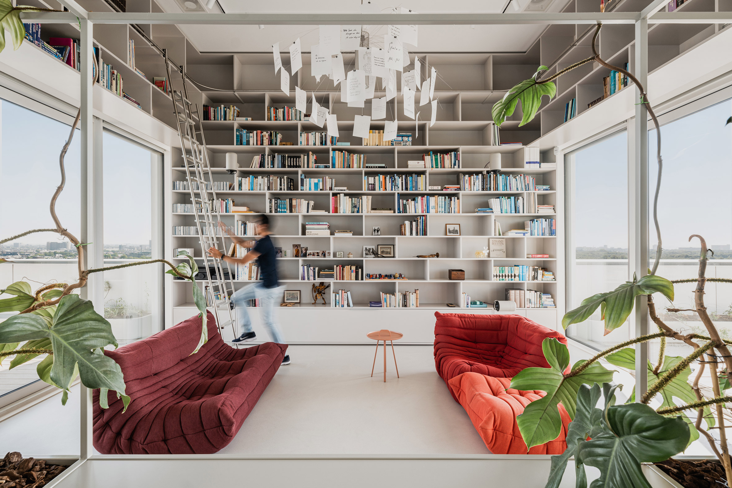 salon avec bibliothèque décoration design