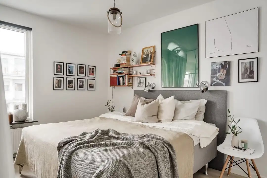 chambre mur de cadres décoration scandinave