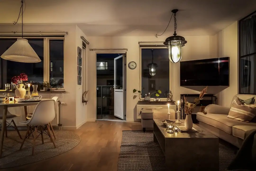 salon décoration scandinave vue nuit