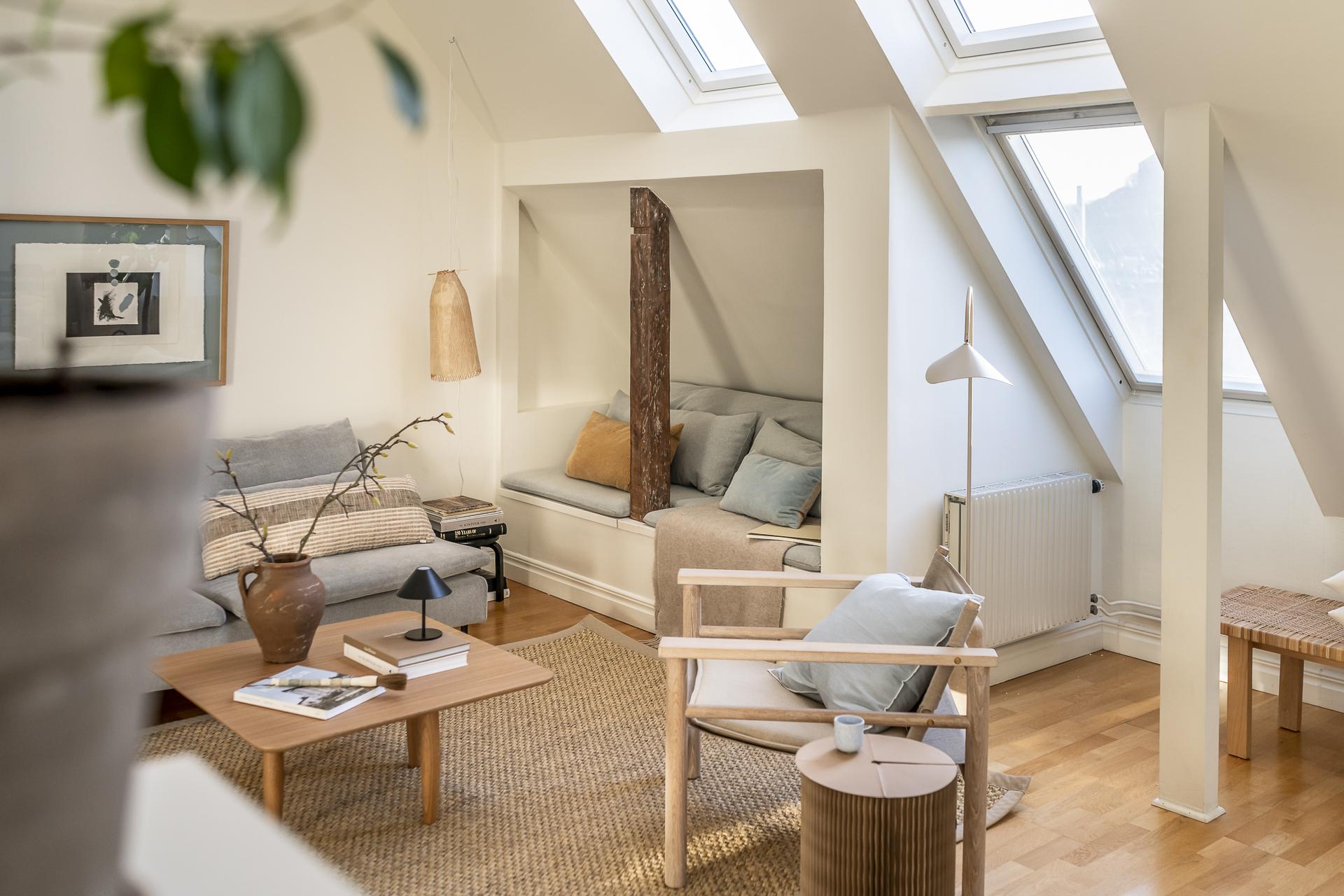 salon avec fenêtres de toit appartement mansardé