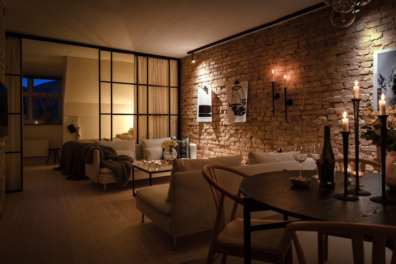salon appartement deux-pièces 54m2 avec murs briques