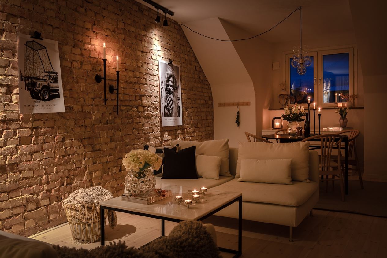salon appartement deux-pièces 54m2 avec murs briques