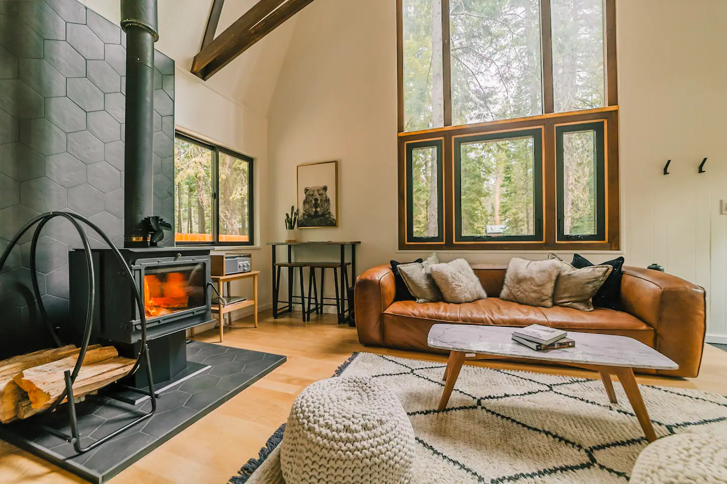 salon avec poêle maison en bois