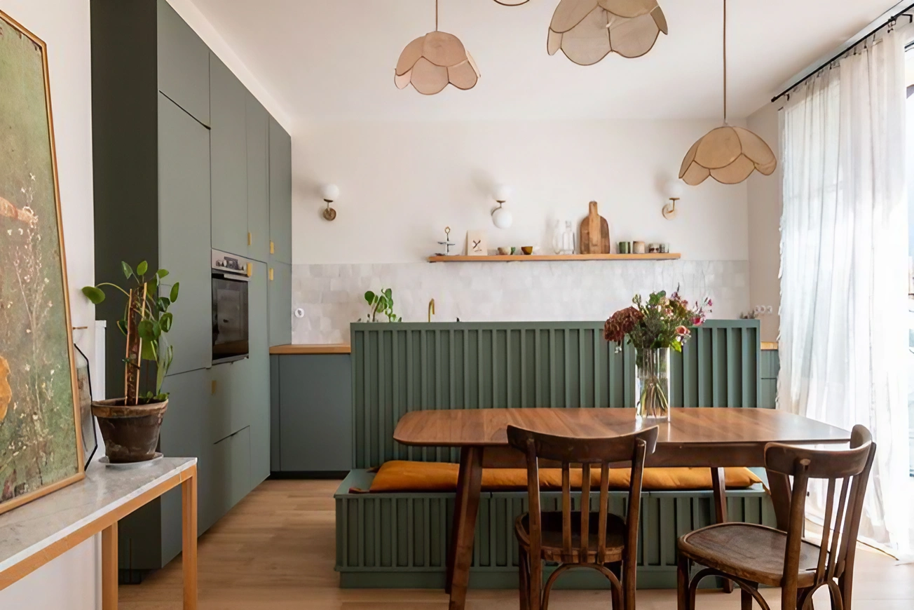 cuisine semi-ouverte verte décoration maison préférée des Français Houzz