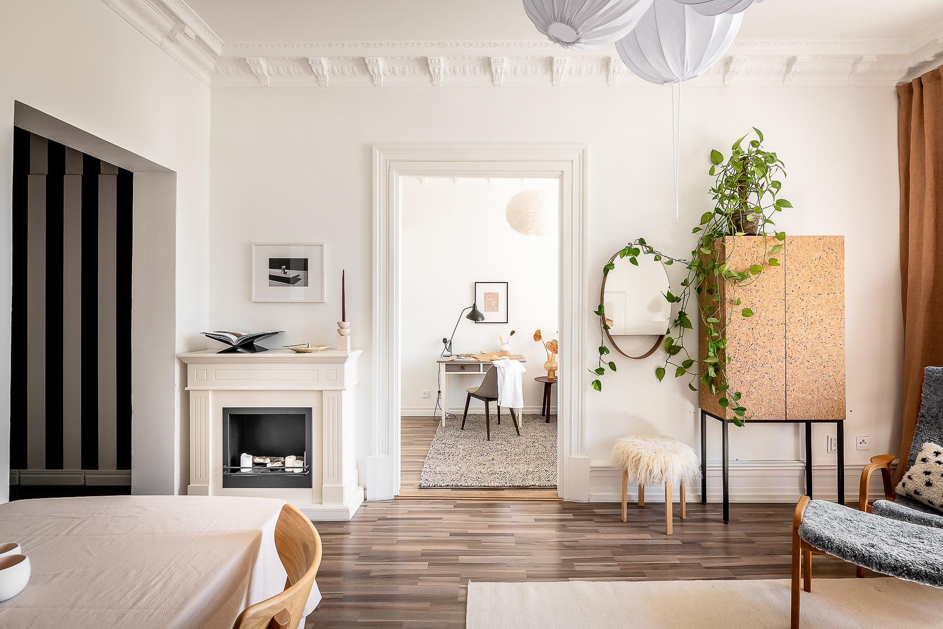 salon avec moulures décoration contemporaine et scandinave