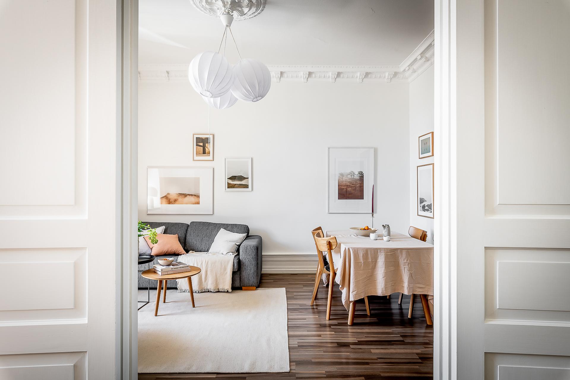 salon avec moulures décoration contemporaine et scandinave