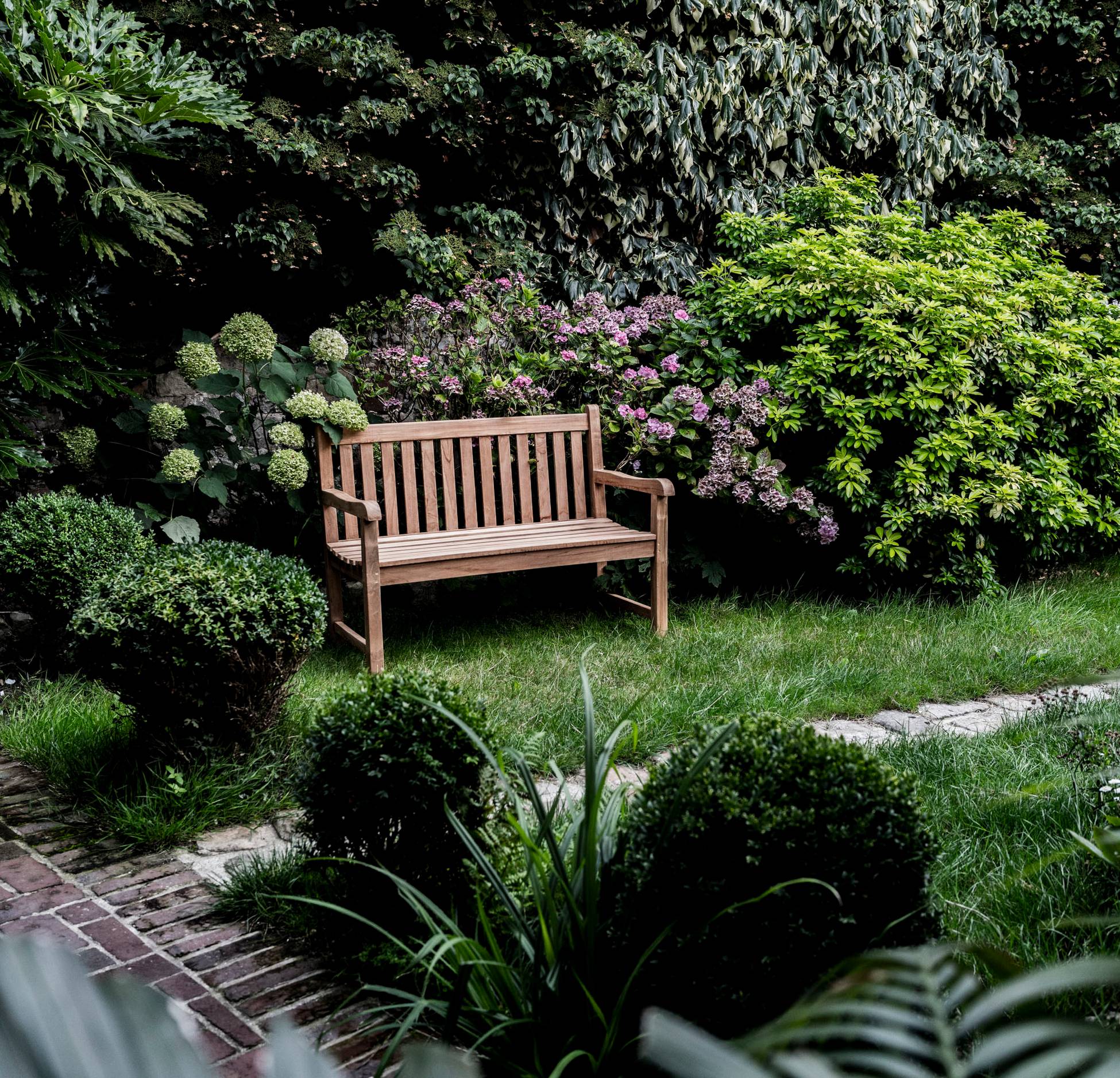 jardin avec banc en bois
