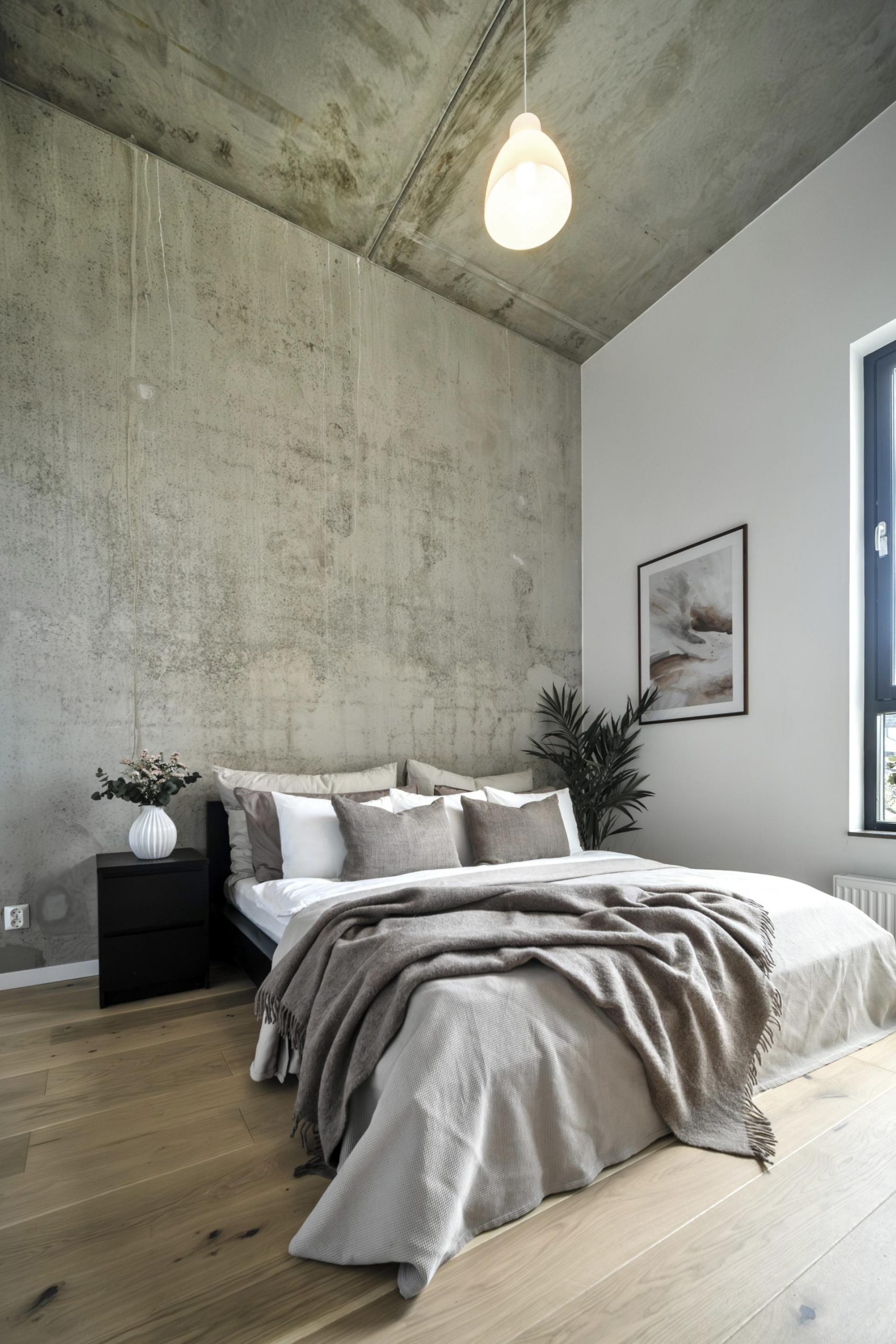 chambre murs béton mini loft 55m2