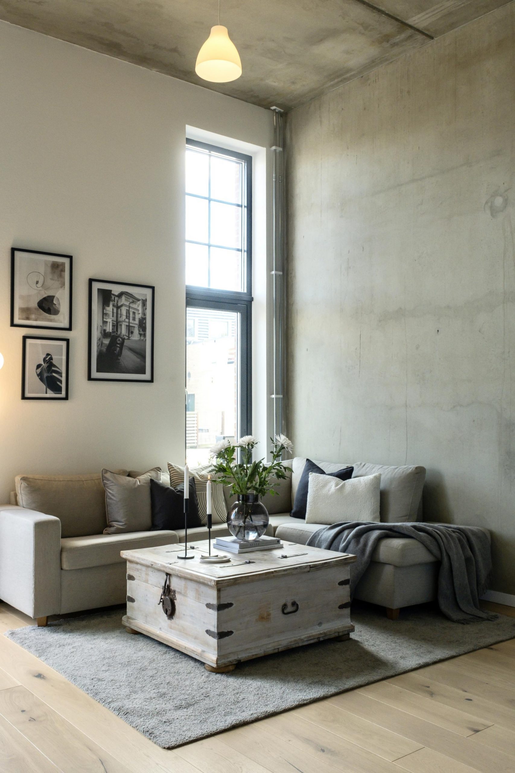 salon murs béton mini loft 55m2