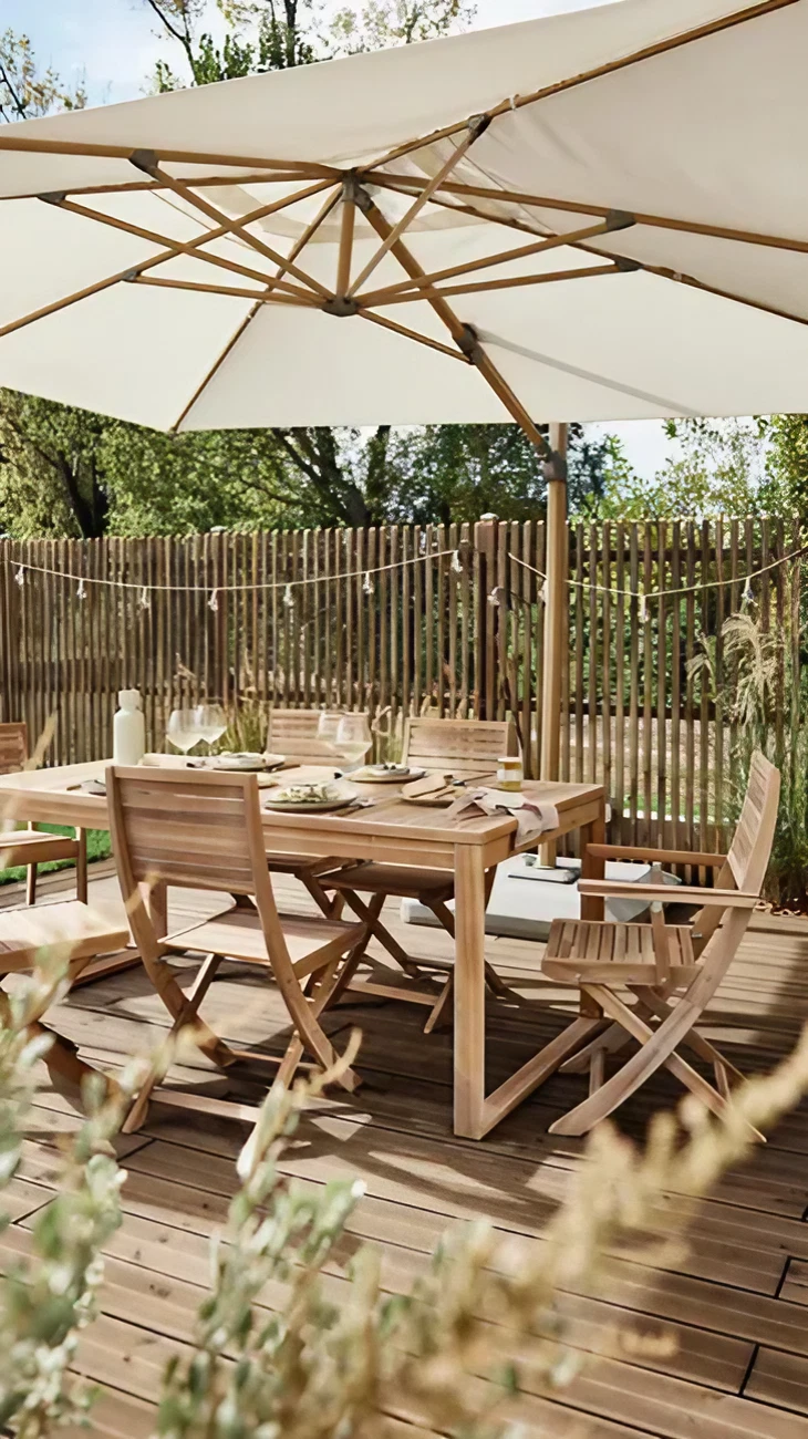 terrasse en bois et parasol déporté