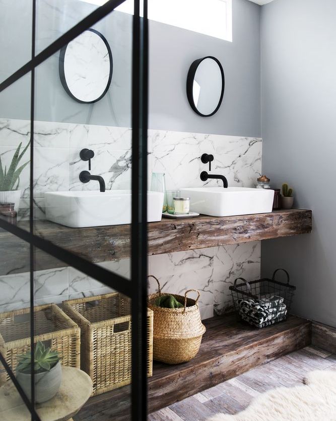 salle de bain bois et acier