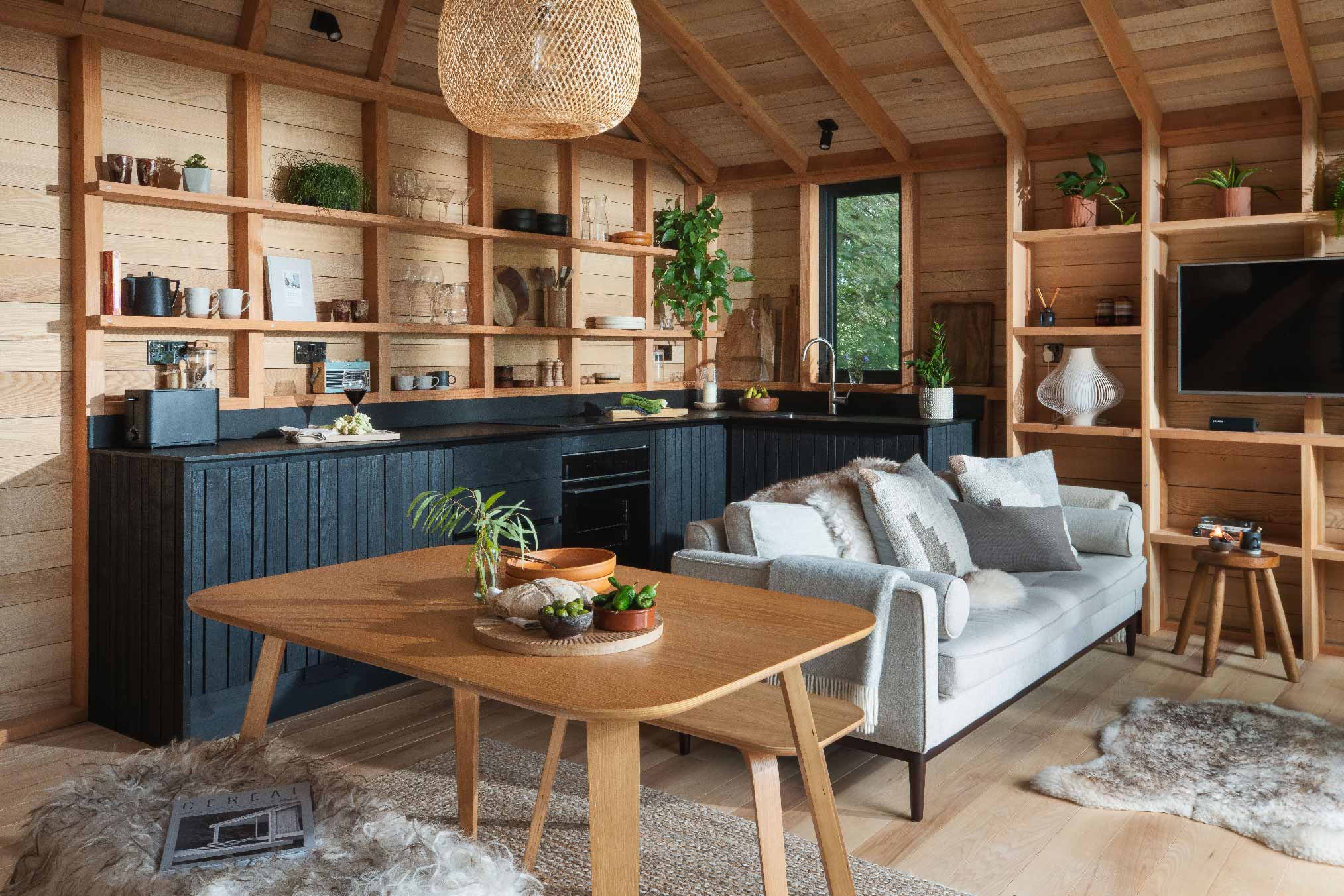 salon et cuisine ouverte maison en bois noir dans les arbres