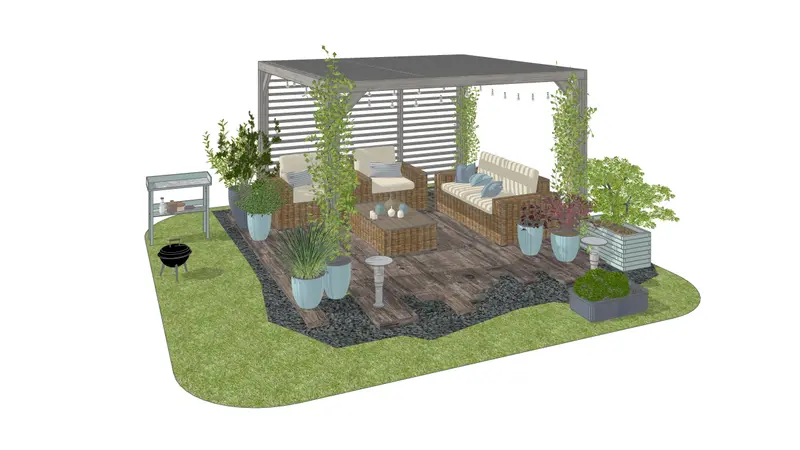 aménagement terrasse avec pergola en bois à lames orientables