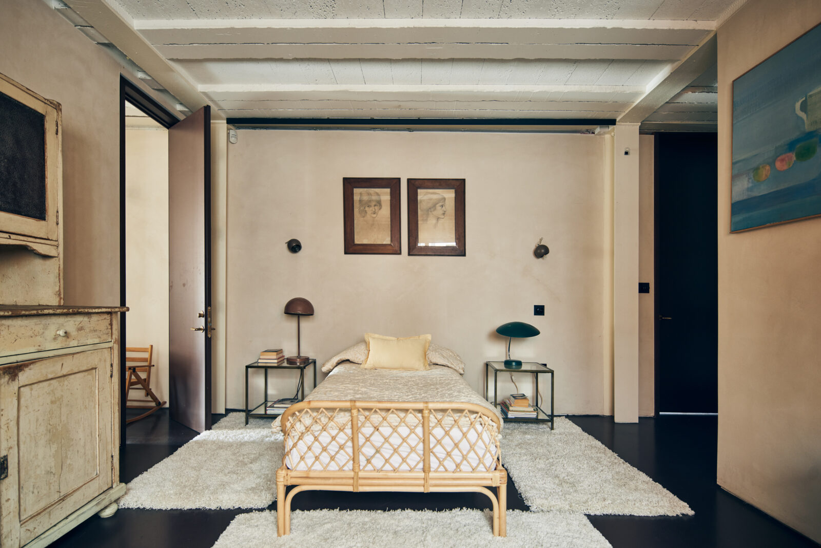 chambre lit en rotin vintage