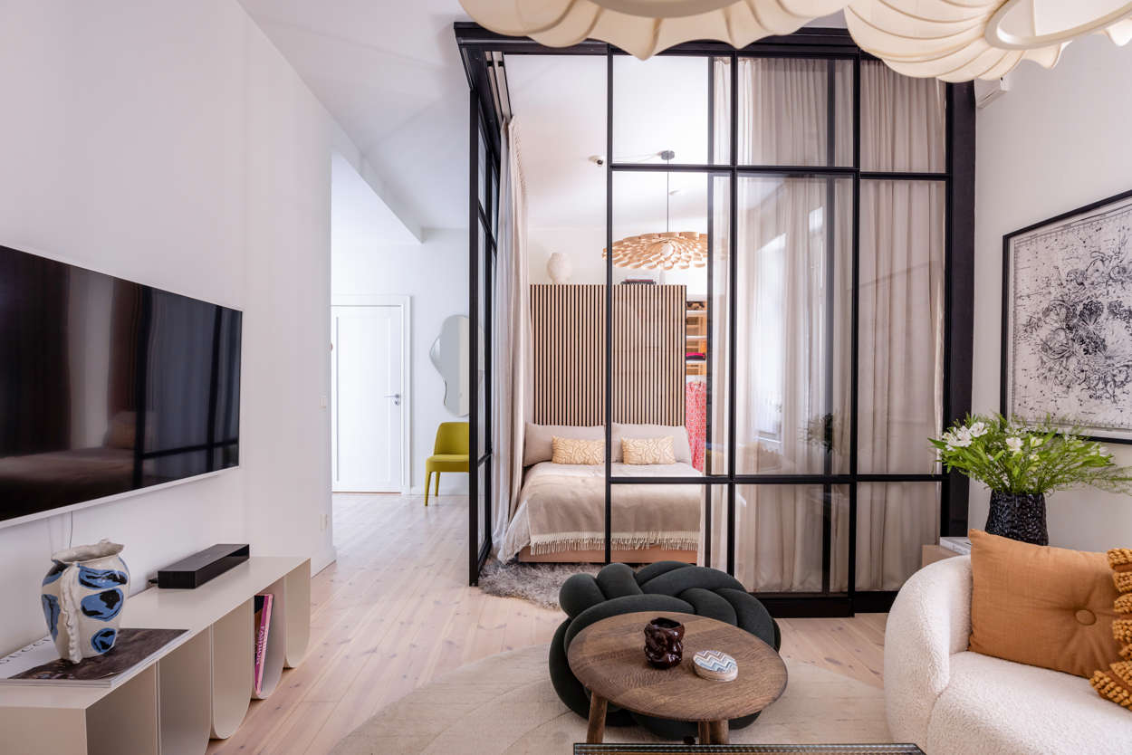 chambre verrière dans salon appartement 58m2 décoration scandinave