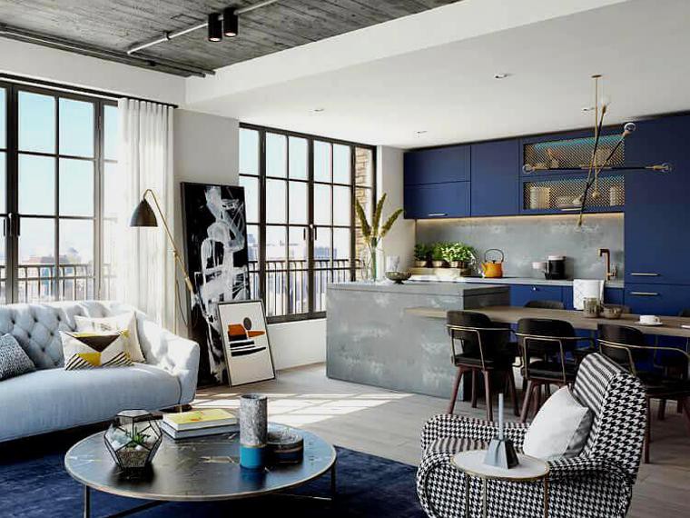 salon décoration contemporaine avec cuisine ouverte bleue