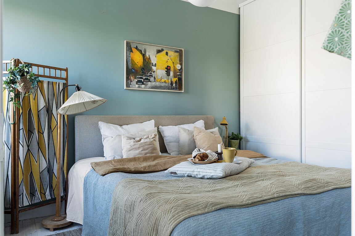 chambre décoration scandinave mur bleu