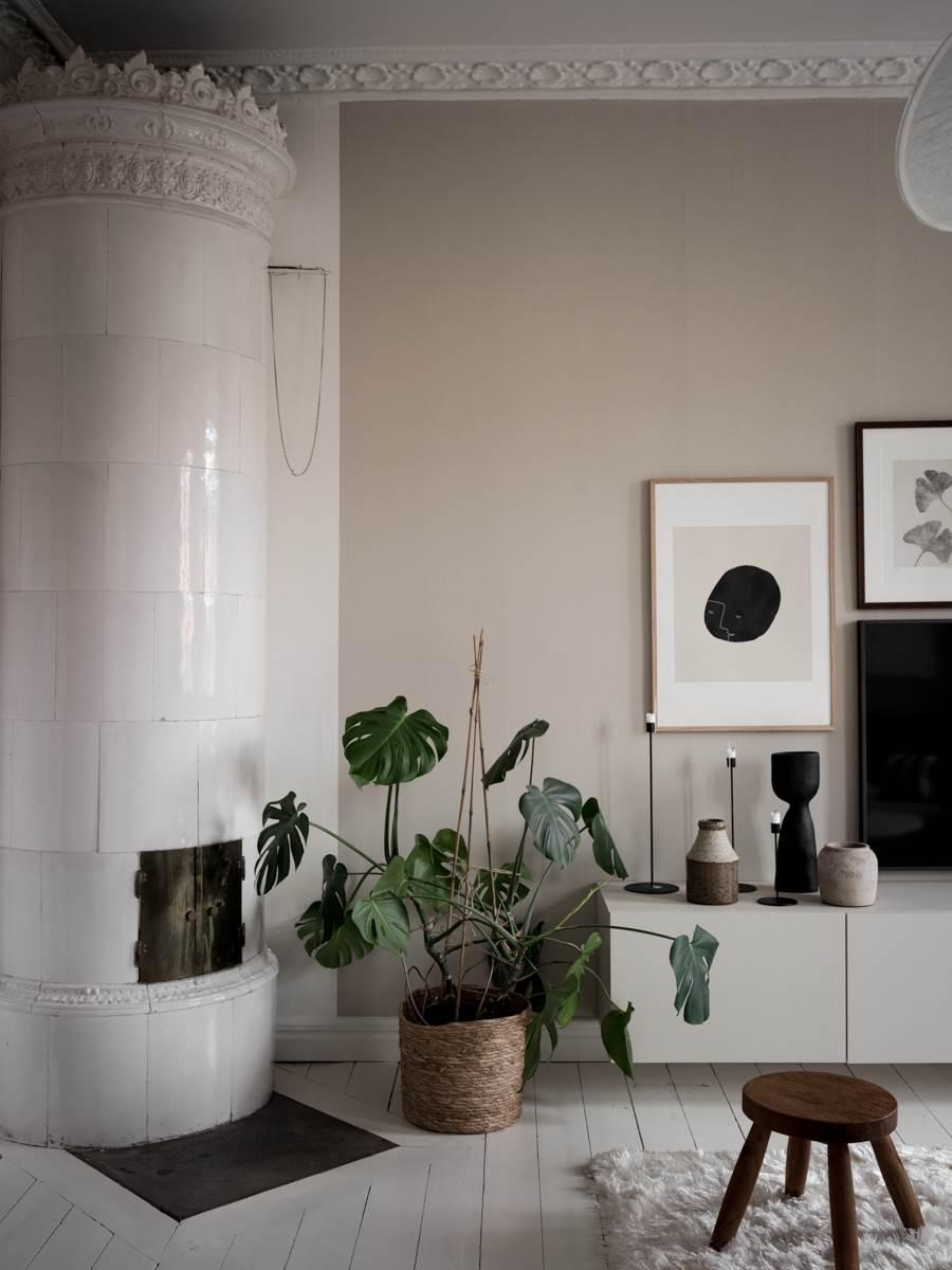 salon avec poêle faïence décoration scandinave