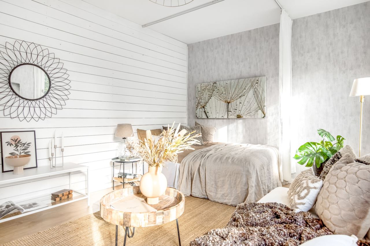 espace chambre grand studio 40m2 décoration blanche