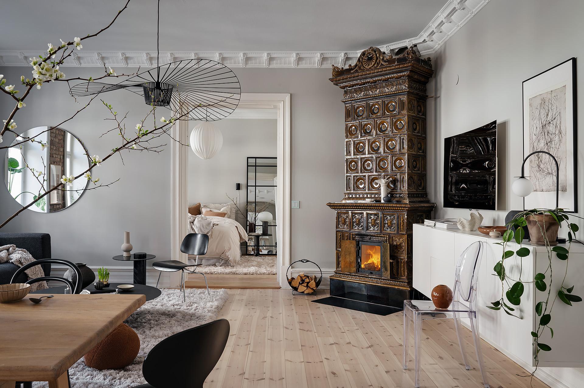 salon avec poêle ancien décoration scandinave