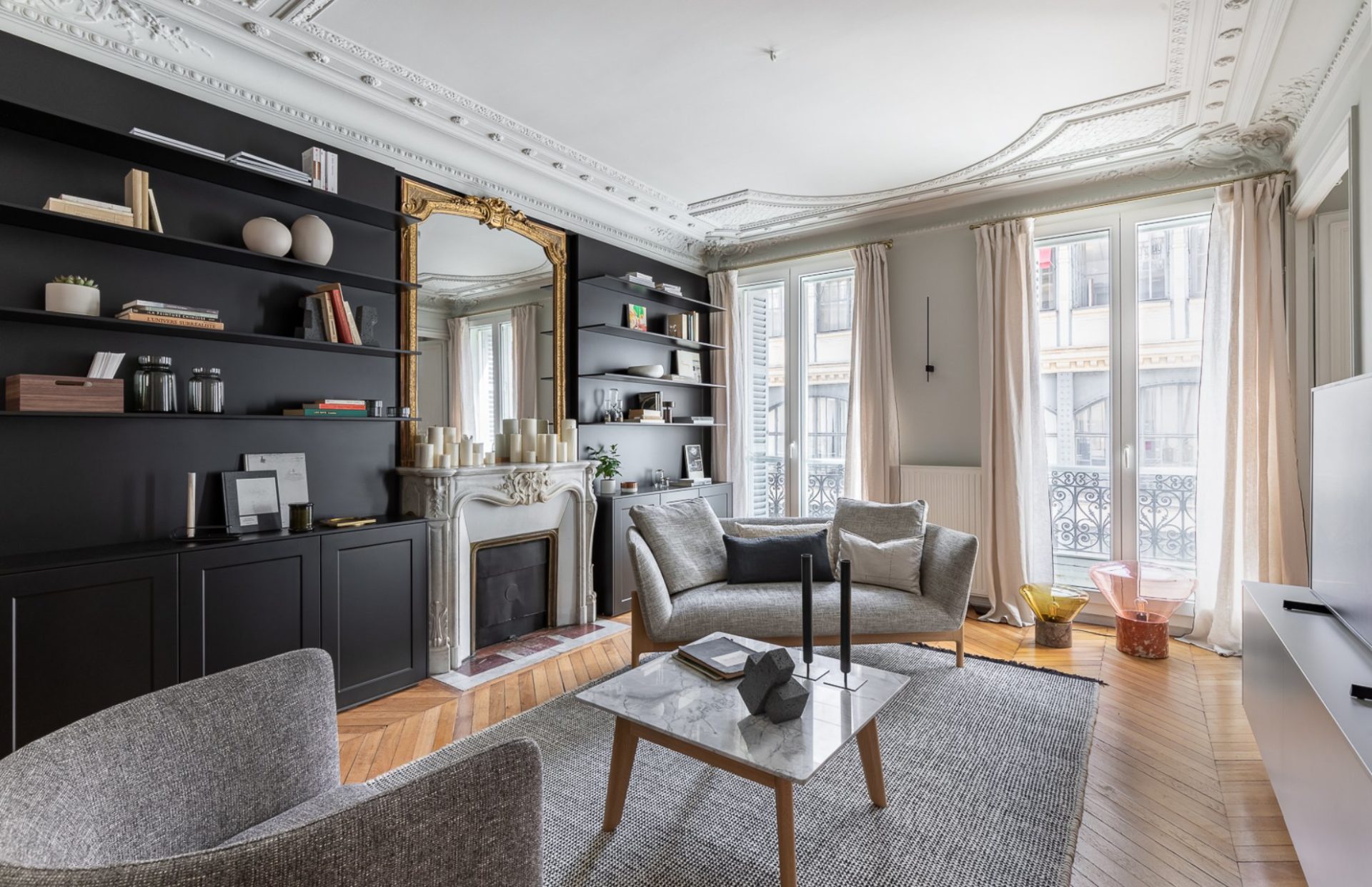 salon appartement haussmannien décoration contemporaine