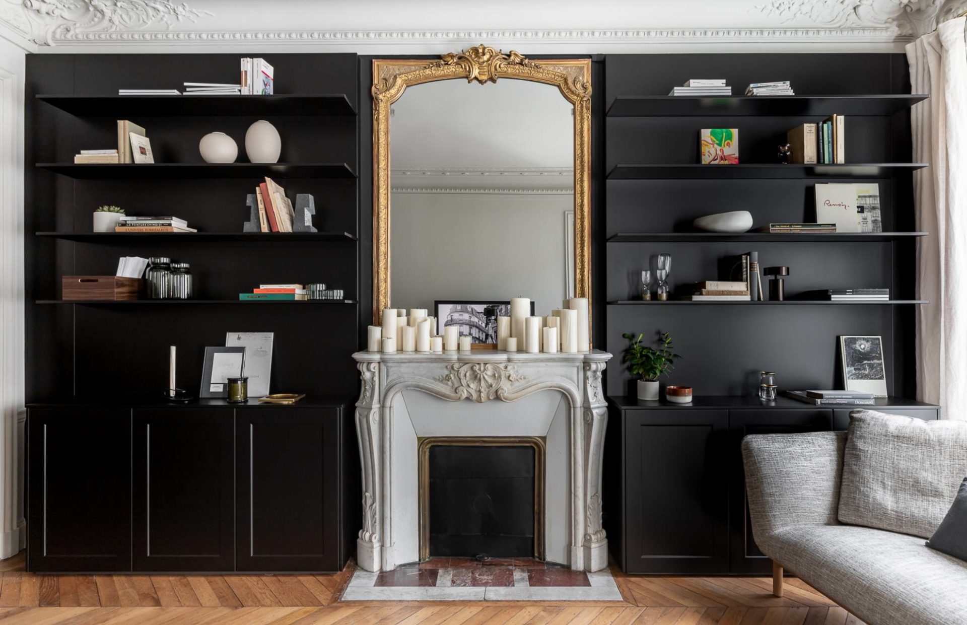salon appartement haussmannien décoration contemporaine