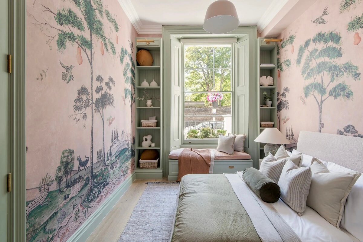 chambre papier-peint végétal rose