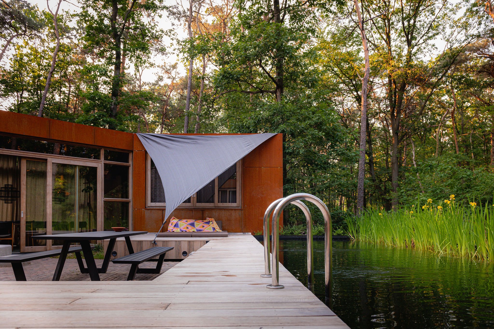 maison contemporaine intérieur bois avec piscine naturelle