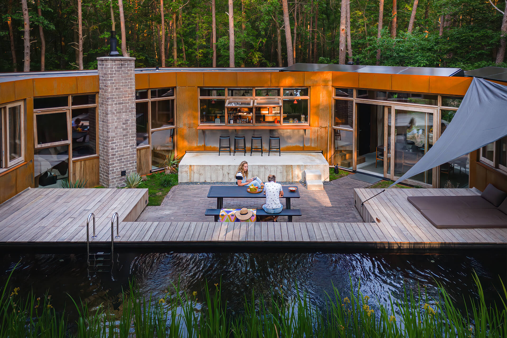 maison contemporaine intérieur bois avec piscine naturelle