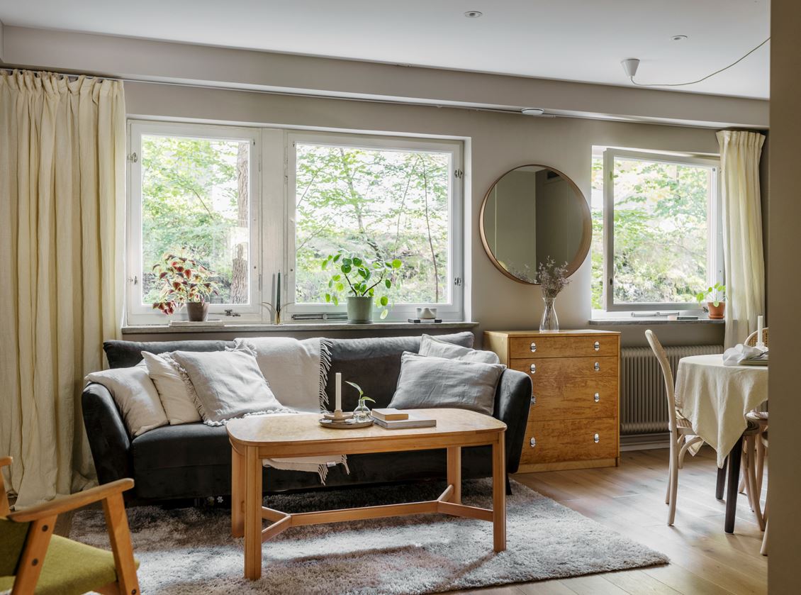salon murs gris appartement 50m2 décoration scandinave