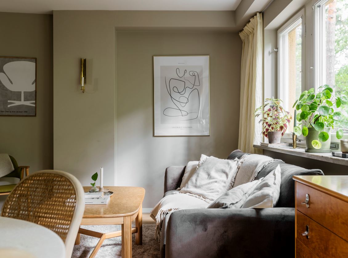 salon murs gris appartement 50m2 décoration scandinave