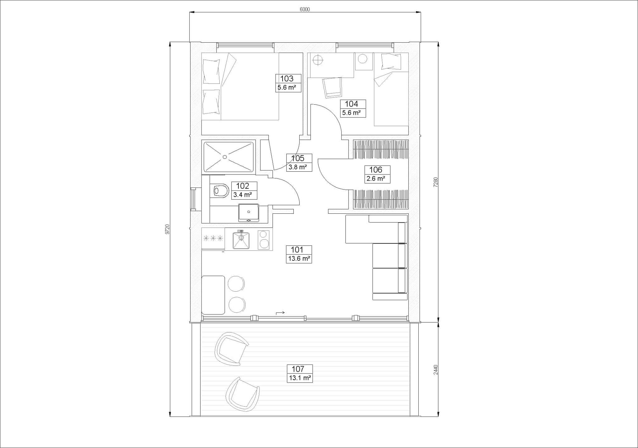 plan petite maison 48m2 avec deux chambres