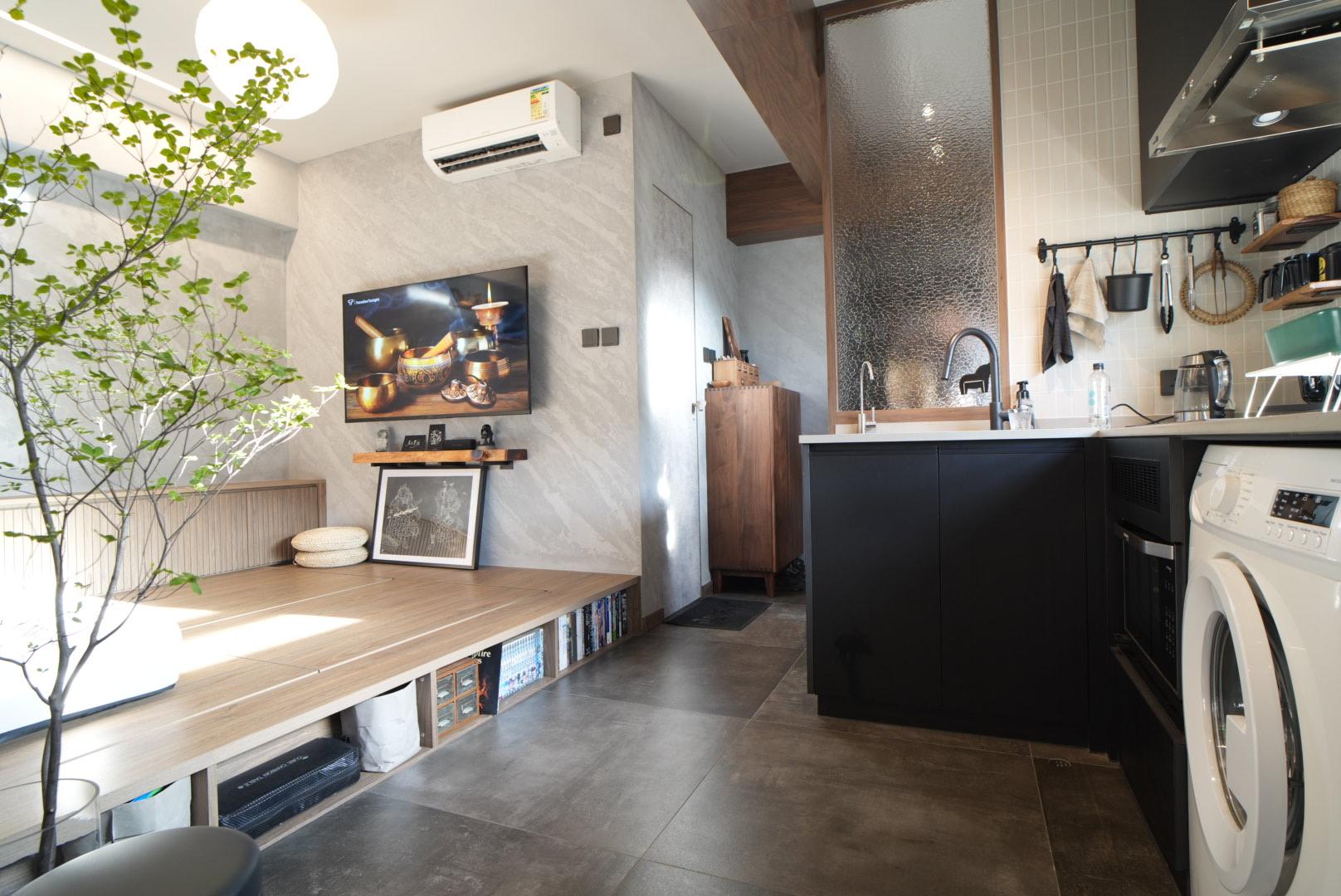 salon avec cuisine ouverte décoration zen appartement 36m2